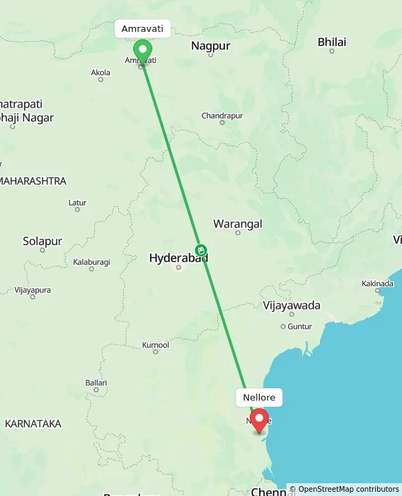 Route map showing distance and travel time from Amravati, India to Nellore, India