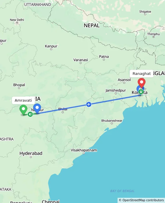 Route map showing distance and travel time from Amravati, India to Ranaghat, India