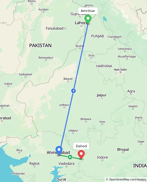 Route map showing distance and travel time from Amritsar, India to Dahod, India