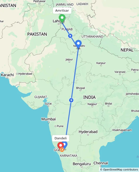 Route map showing distance and travel time from Amritsar, India to Dandeli, India