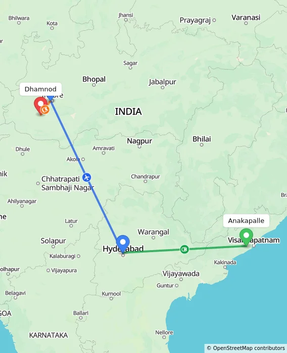 Route map showing distance and travel time from Anakapalle, India to Dhamnod, India