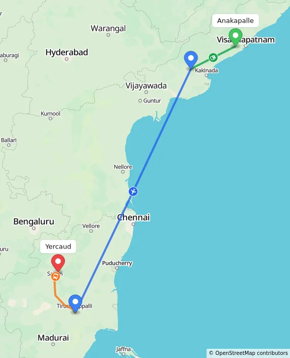 Route map showing distance and travel time from Anakapalle, India to Yercaud, India