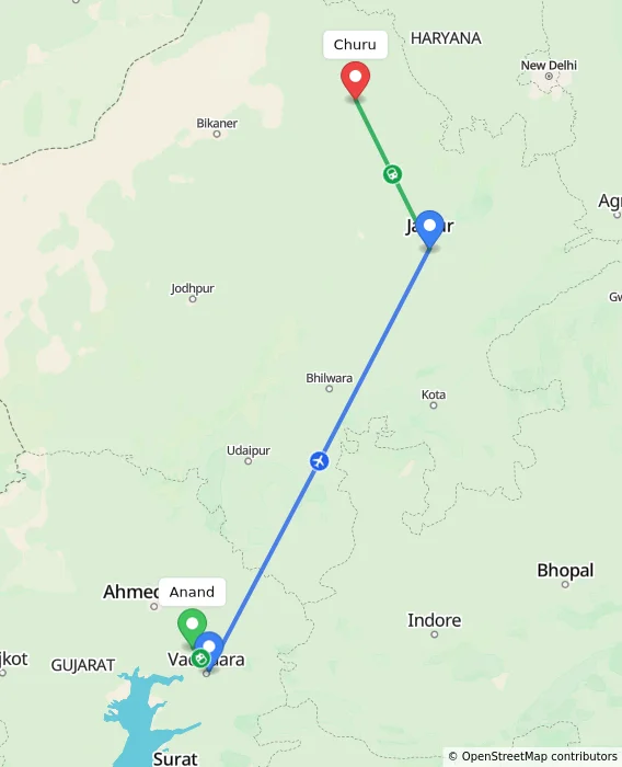 Route map showing distance and travel time from Anand, India to Churu, India