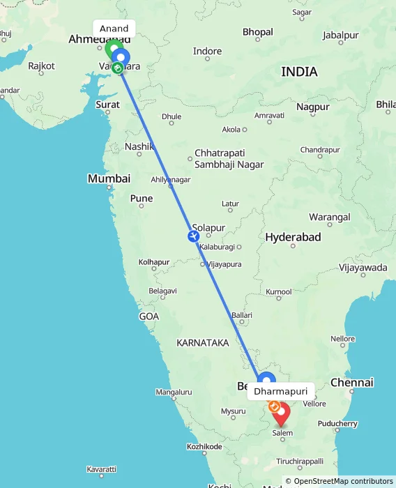 Route map showing distance and travel time from Anand, India to Dharmapuri, India