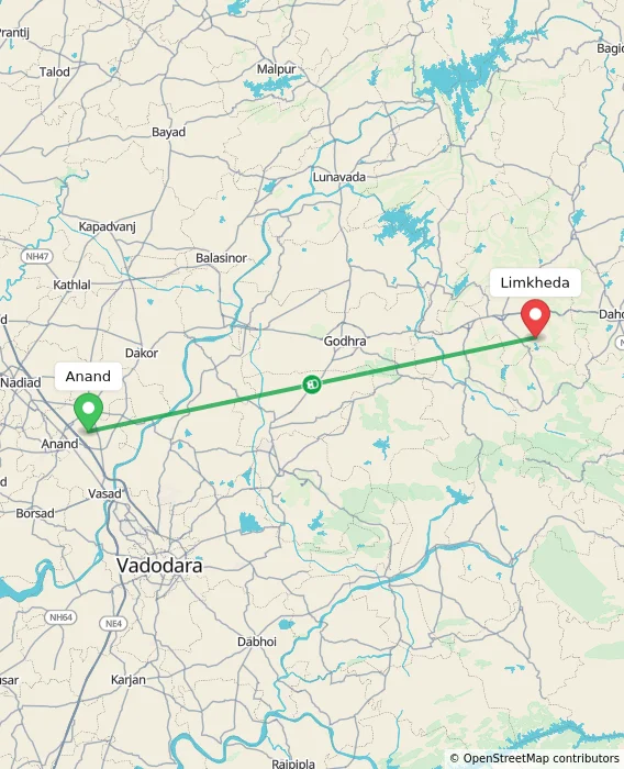 Route map showing distance and travel time from Anand, India to Limkheda, India
