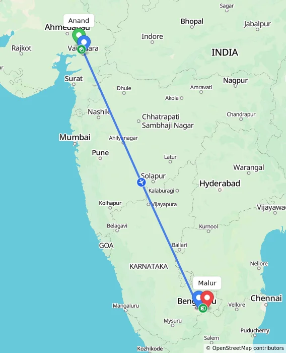 Route map showing distance and travel time from Anand, India to Malur, India