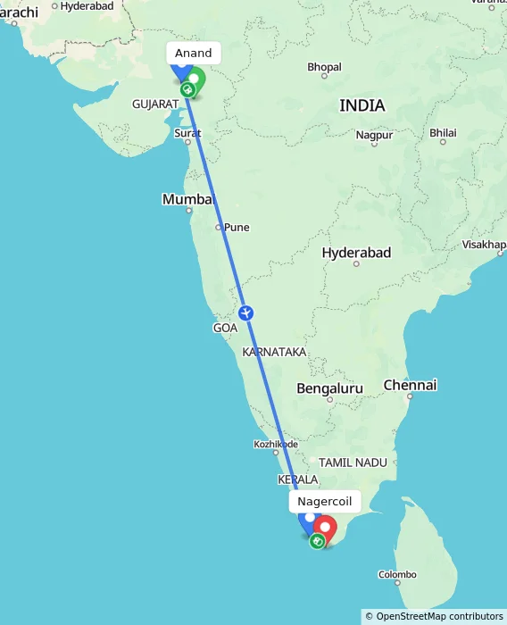 Route map showing distance and travel time from Anand, India to Nagercoil, India