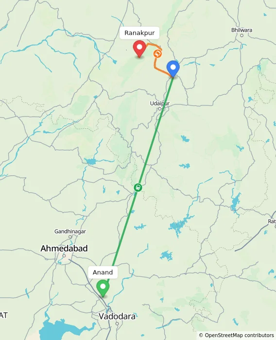 Route map showing distance and travel time from Anand, India to Ranakpur, India