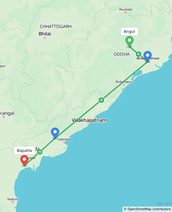 Route map showing distance and travel time from Angul, India to Bapatla, India