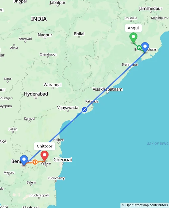 Route map showing distance and travel time from Angul, India to Chittoor, India