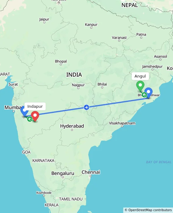 Route map showing distance and travel time from Angul, India to Indapur, India