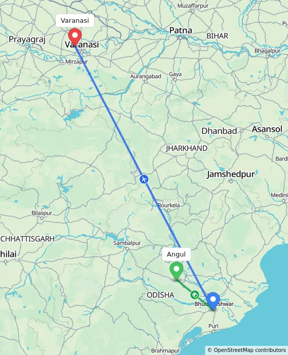 Route map showing distance and travel time from Angul, India to Varanasi, India