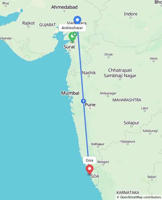 Route map showing distance and travel time from Ankleshwar, India to Goa, India