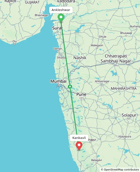 Route map showing distance and travel time from Ankleshwar, India to Kankavli, India