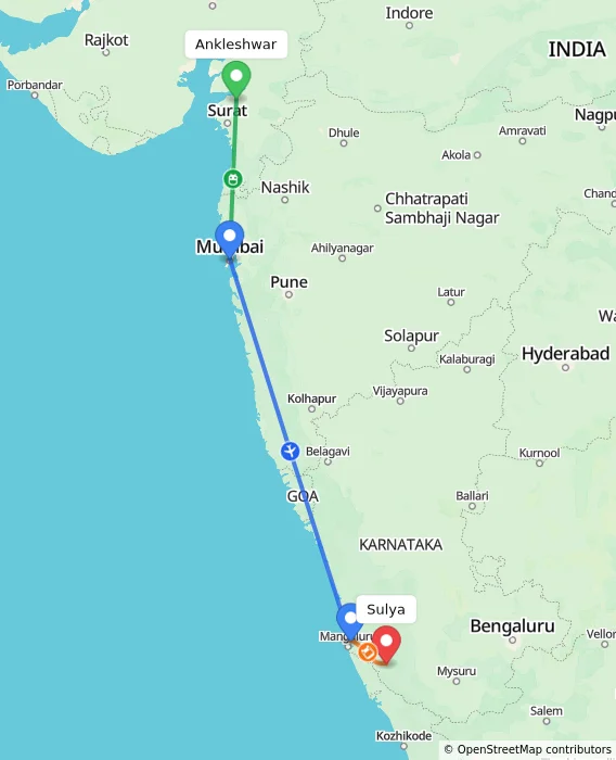 Route map showing distance and travel time from Ankleshwar, India to Sulya, India