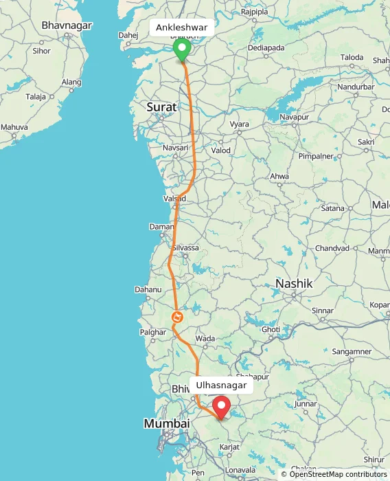Route map showing distance and travel time from Ankleshwar, India to Ulhasnagar, India