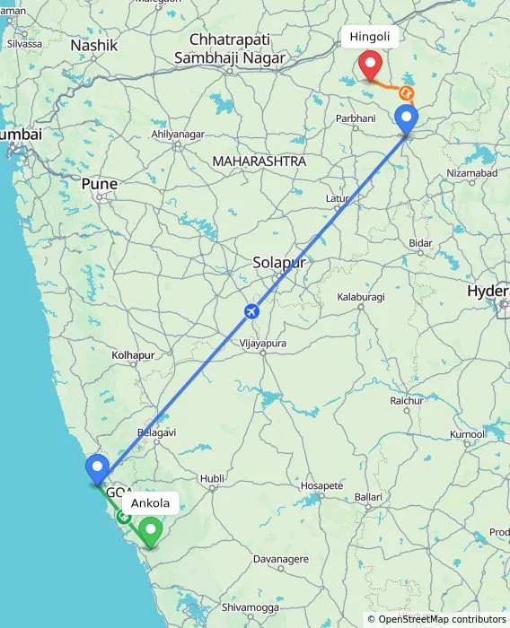 Route map showing distance and travel time from Ankola, India to Hingoli, India