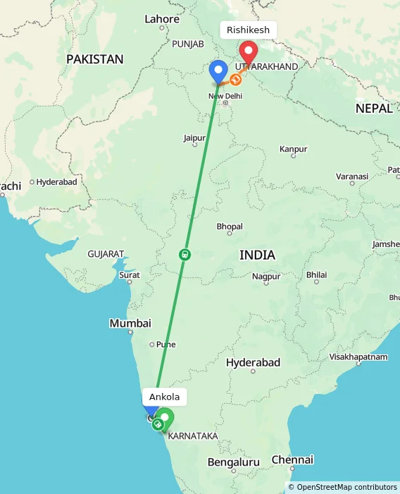 Route map showing distance and travel time from Ankola, India to Rishikesh, India