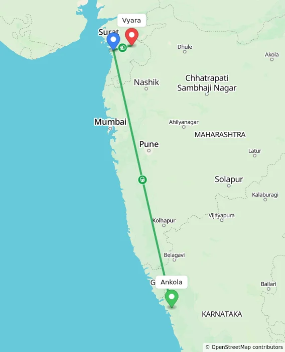 Route map showing distance and travel time from Ankola, India to Vyara, India