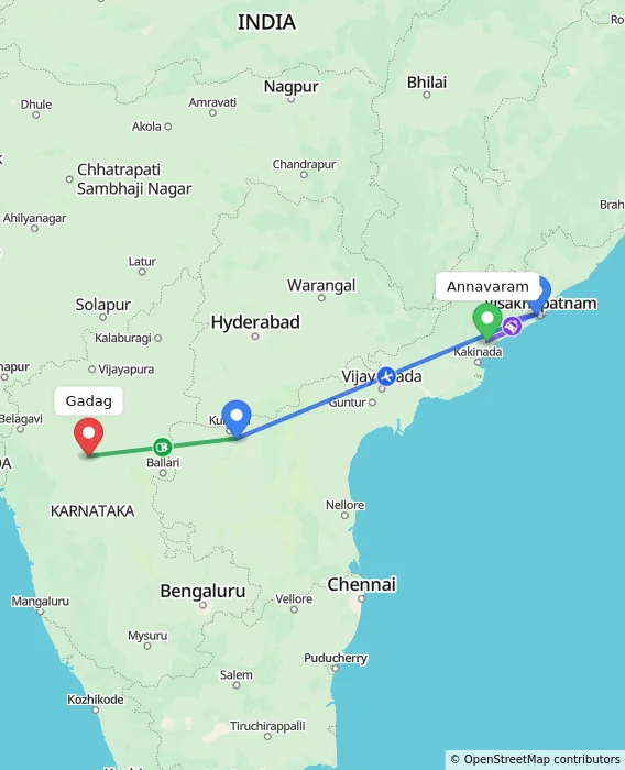 Route map showing distance and travel time from Annavaram, India to Gadag, India