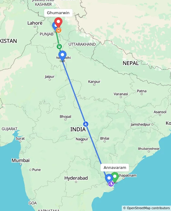 Route map showing distance and travel time from Annavaram, India to Ghumarwin, India