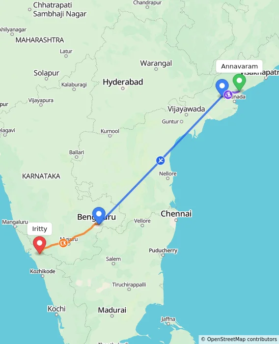 Route map showing distance and travel time from Annavaram, India to Iritty, India