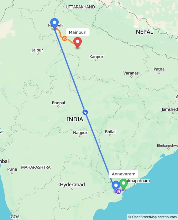 Route map showing distance and travel time from Annavaram, India to Mainpuri, India