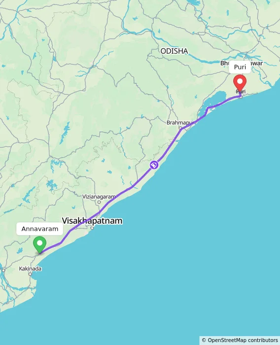 Route map showing distance and travel time from Annavaram, India to Puri, India