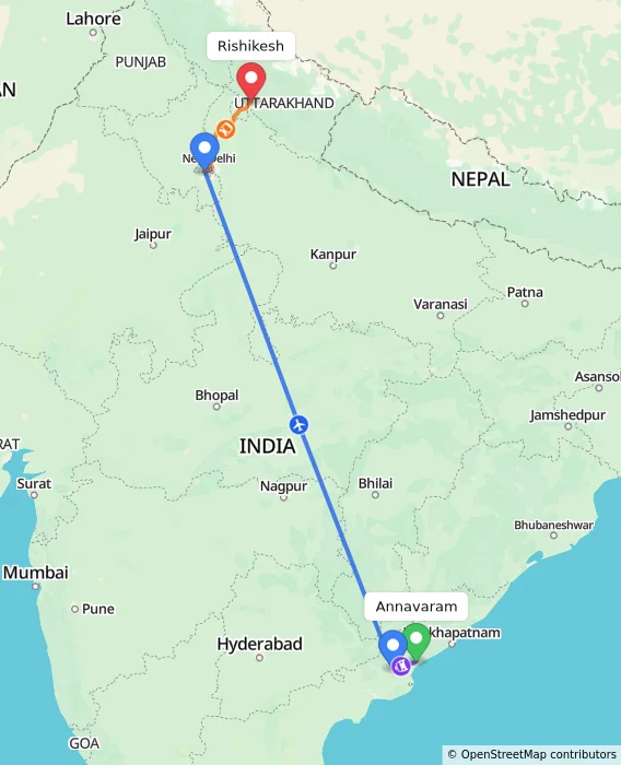 Route map showing distance and travel time from Annavaram, India to Rishikesh, India