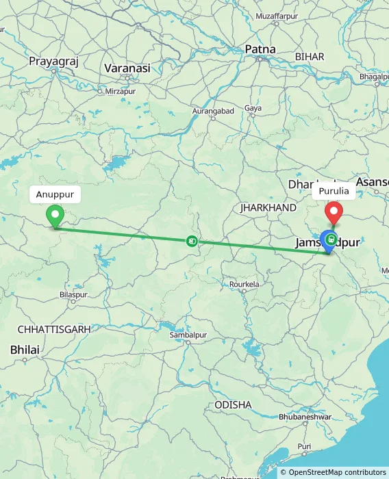 Route map showing distance and travel time from Anuppur, India to Purulia, India