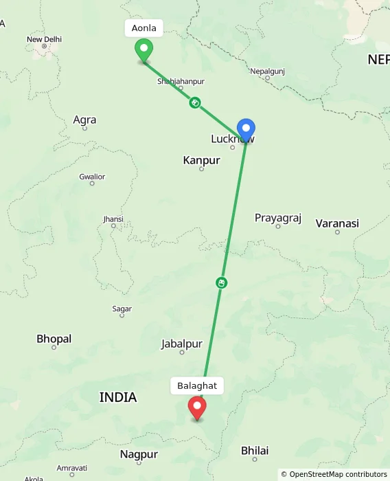 Route map showing distance and travel time from Aonla, India to Balaghat, India
