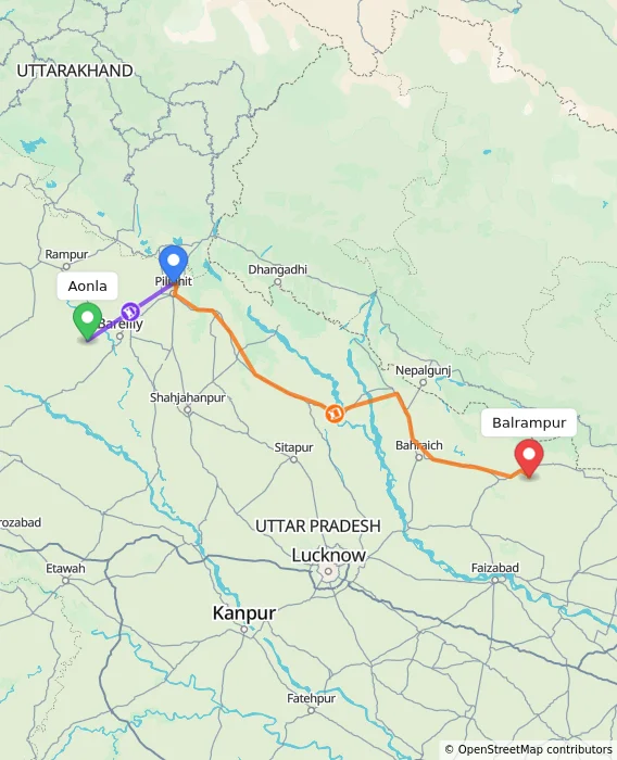 Route map showing distance and travel time from Aonla, India to Balrampur, India