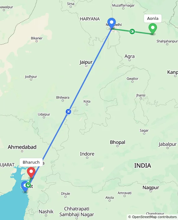 Route map showing distance and travel time from Aonla, India to Bharuch, India