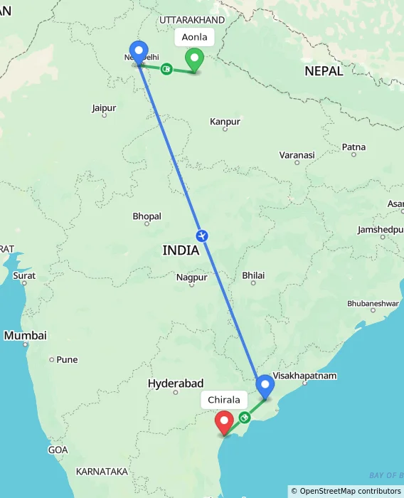 Route map showing distance and travel time from Aonla, India to Chirala, India