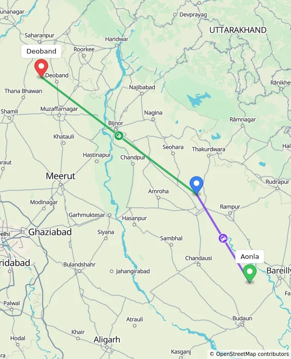 Route map showing distance and travel time from Aonla, India to Deoband, India