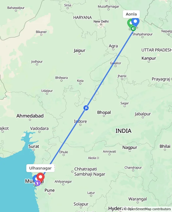 Route map showing distance and travel time from Aonla, India to Ulhasnagar, India