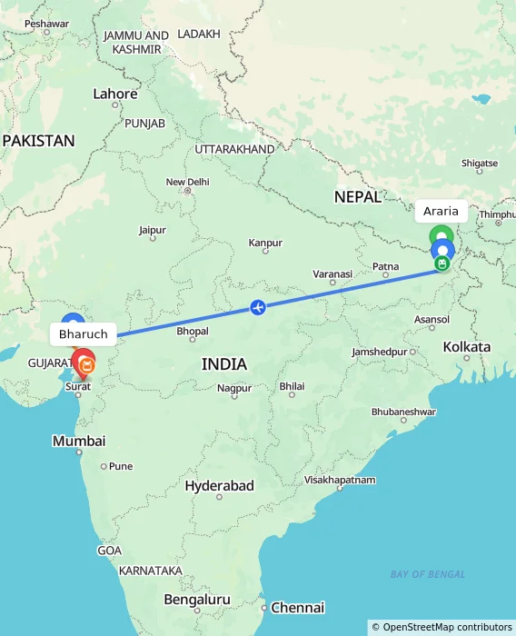 Route map showing distance and travel time from Araria, India to Bharuch, India