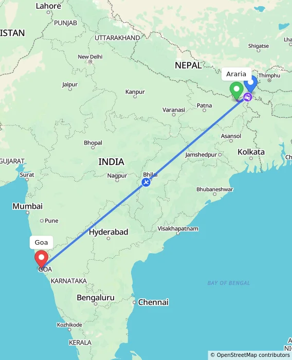 Route map showing distance and travel time from Araria, India to Goa, India