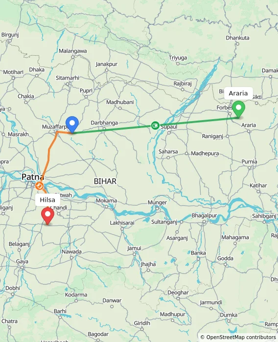 Route map showing distance and travel time from Araria, India to Hilsa, India