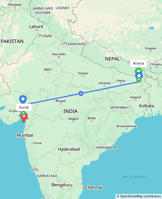 Route map showing distance and travel time from Araria, India to Surat, India