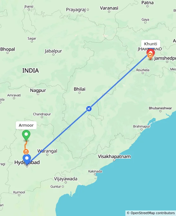 Route map showing distance and travel time from Armoor, India to Khunti, India