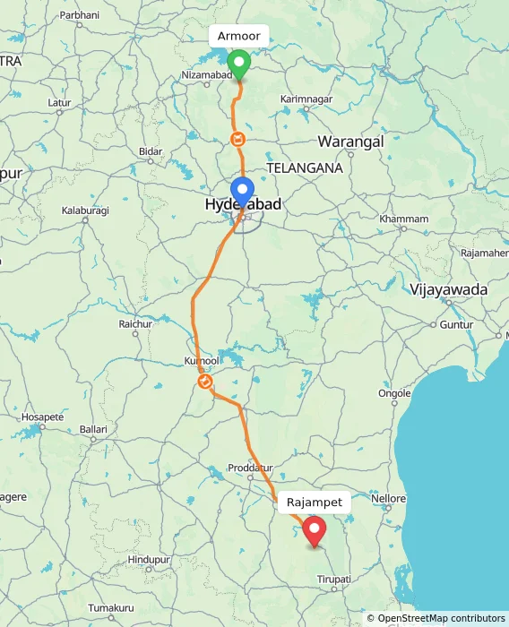 Route map showing distance and travel time from Armoor, India to Rajampet, India