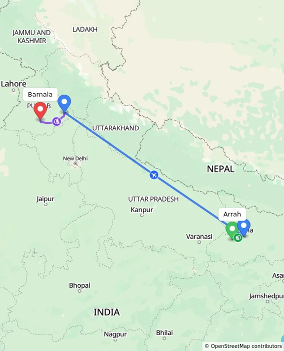 Route map showing distance and travel time from Arrah, India to Barnala, India