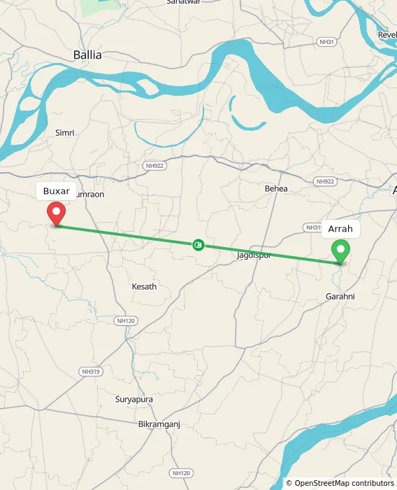 Route map showing distance and travel time from Arrah, India to Buxar, India