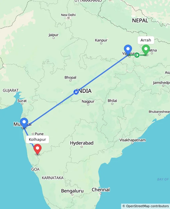 Route map showing distance and travel time from Arrah, India to Kolhapur, India