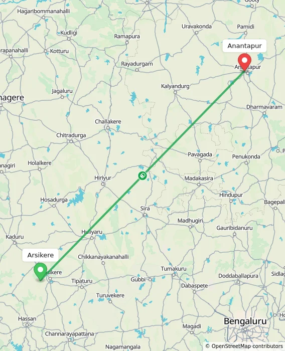 Route map showing distance and travel time from Arsikere, India to Anantapur, India