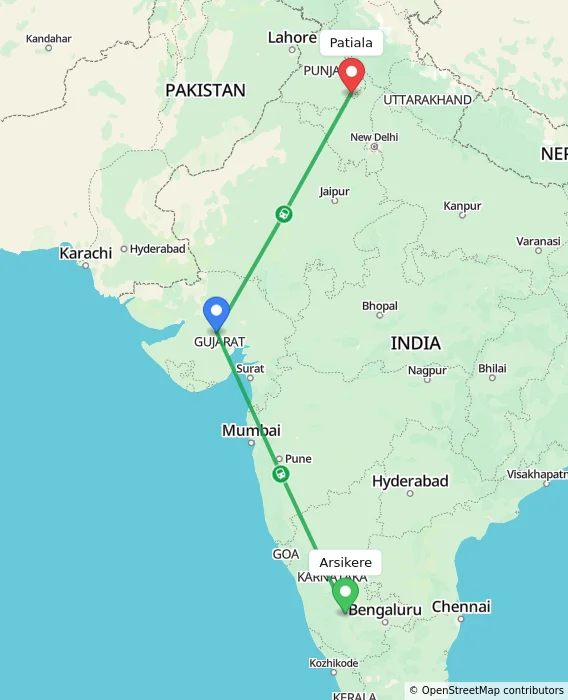 Route map showing distance and travel time from Arsikere, India to Patiala, India