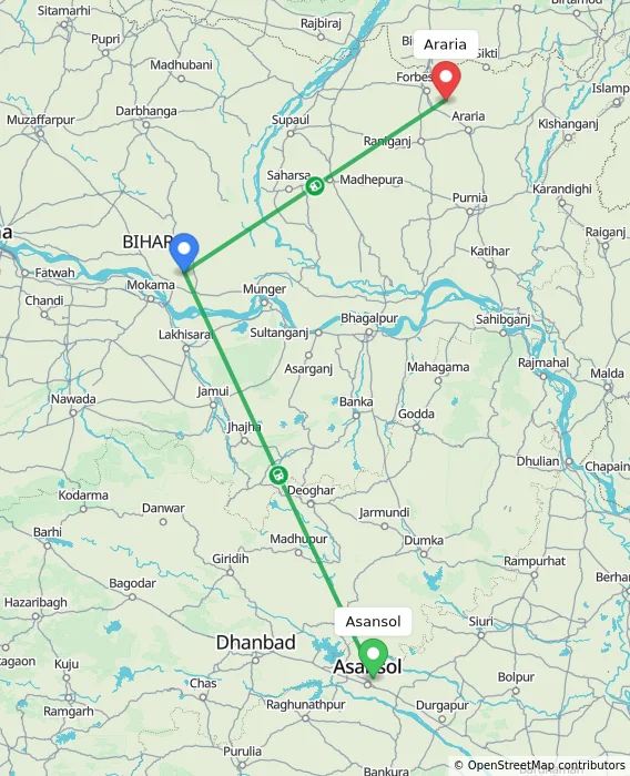 Route map showing distance and travel time from Asansol, India to Araria, India