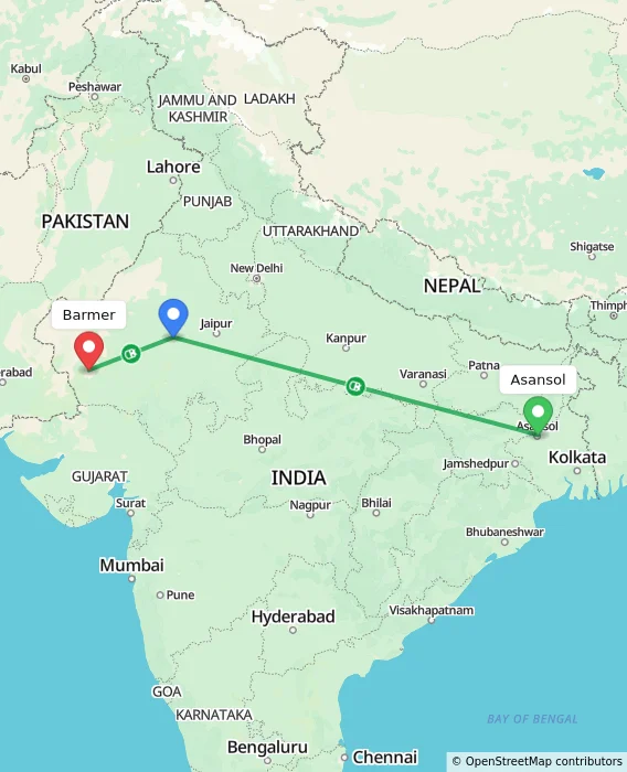 Route map showing distance and travel time from Asansol, India to Barmer, India