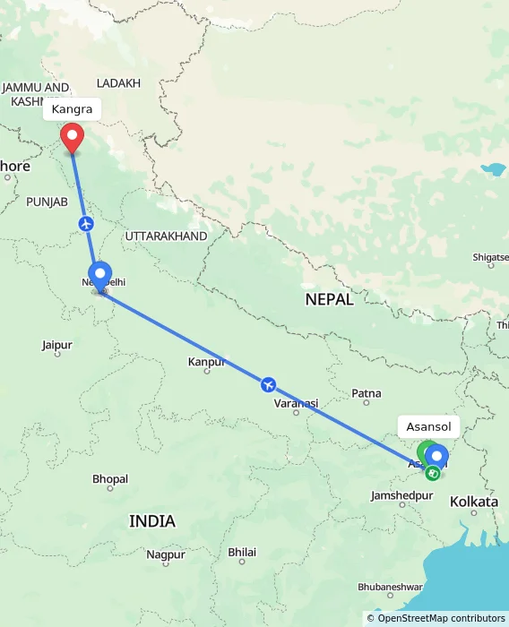Route map showing distance and travel time from Asansol, India to Kangra, India
